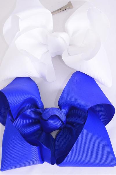 Hair Bow Cheer Type Bow Royal Blue White Alligator Clip Grosgrain Bow-tie/DZ Alligator Clip, Size - 8" x 7" Wide , 6 of each Pattern Asst , Clip Strip & UPC Code