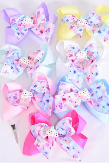 Hair Bow Jumbo Double Layered Cupcake Muffin Grosgrain Bow-tie Pastel / 12 pcs Bow = Dozen Alligator Clip , Size - 6" x 5" Wide , 2 White , 2 Baby Pink , 2 Lavender , 2 Hot Pink , 2 Mint ,1 Blue ,1 Yellow Color Asst , Clip Strip & UPC Code