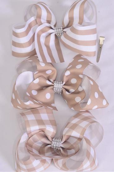 Hair Bow Jumbo Plaid Polka dots Stripe Mix Grosgrain Bow-tie Khaki Mix / 12 pcs Bow = Dozen Alligator Clip , Bow - 6" x 5" Wide , 4 of each Pattern Asst , Clip Strip & UPC Code