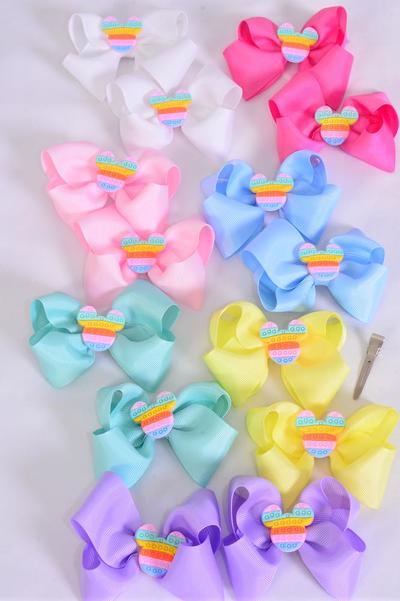 Hair Bow 24 pcs Center fidget Autism Mouse Charm Grosgrain Bow-tie Pastel / 24 pcs Bow = Dozen  Alligator Clip , Size - 3.5" x 3" Wide , 2 White , 2 Pink , 2 Yellow , 2 Lavender , 2 Blue , 1 Hot Pink , 1 Mint Green Mix , Clip Strip & UPC Code