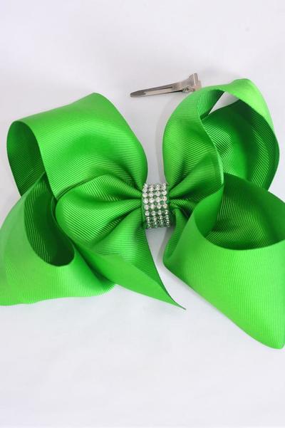 Hair Bow Jumbo Center Clear Stones Green Grosgrain Bow-tie /12 pcs Bow = Dozen Christmas Green , Alligator Clip , Bow - 6" x 5" , Clip Strip & UPC Code